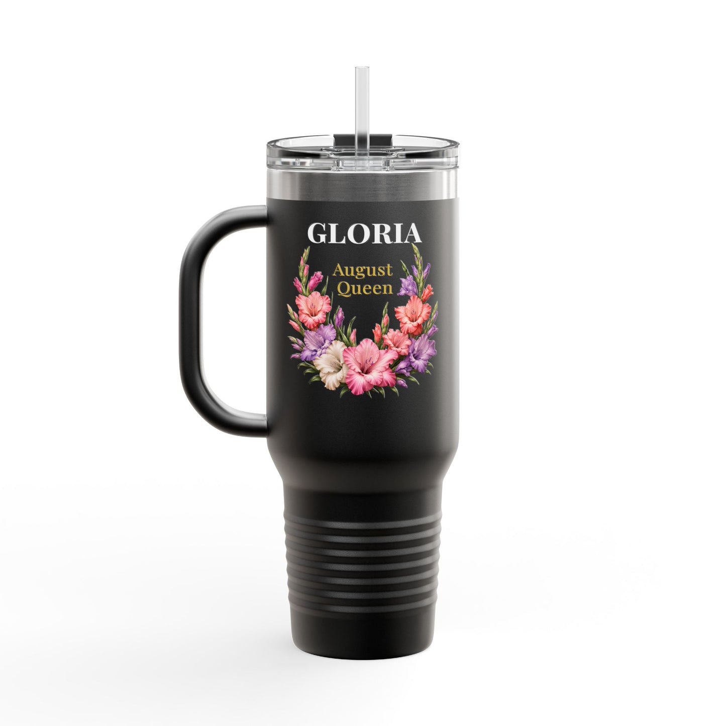Personalized August Queen 40oz Insulated Travel Mug – Custom Name Floral Birthday Tumbler - 14917