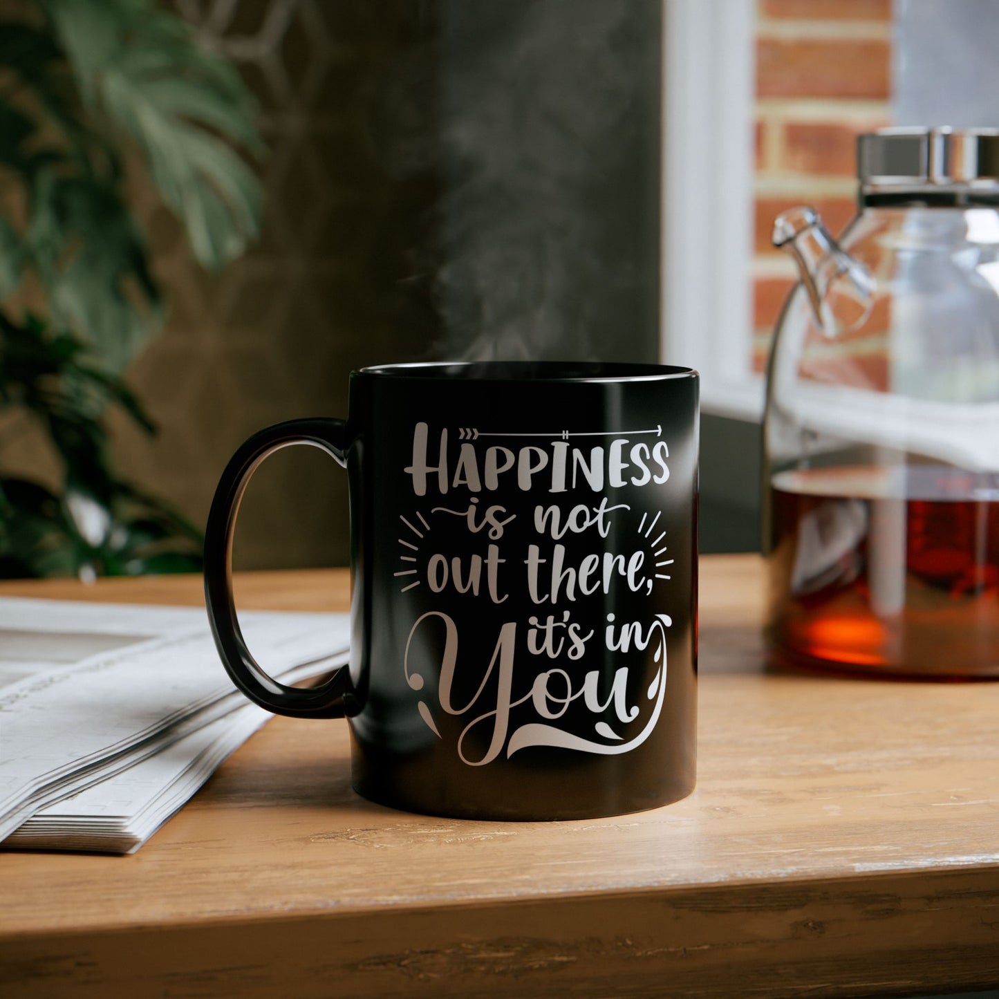 Inspirational Black Mug - Happiness Is Inside You, Funny Coffee Cup, Motivational Gift, Unique Kitchenware, Self-Care Reminder - 14074