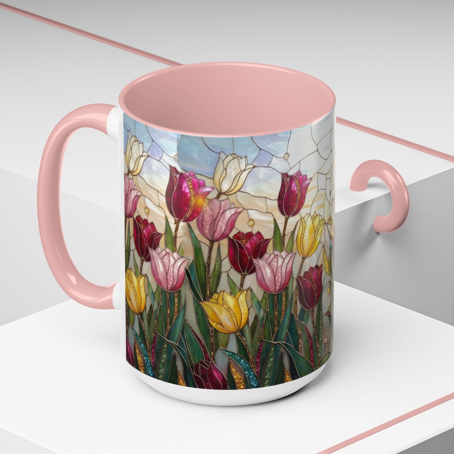 Tulip Stained Glass Accent Coffee Mug — Floral Spring Tea & Coffee Cup (11/15oz) - 14525