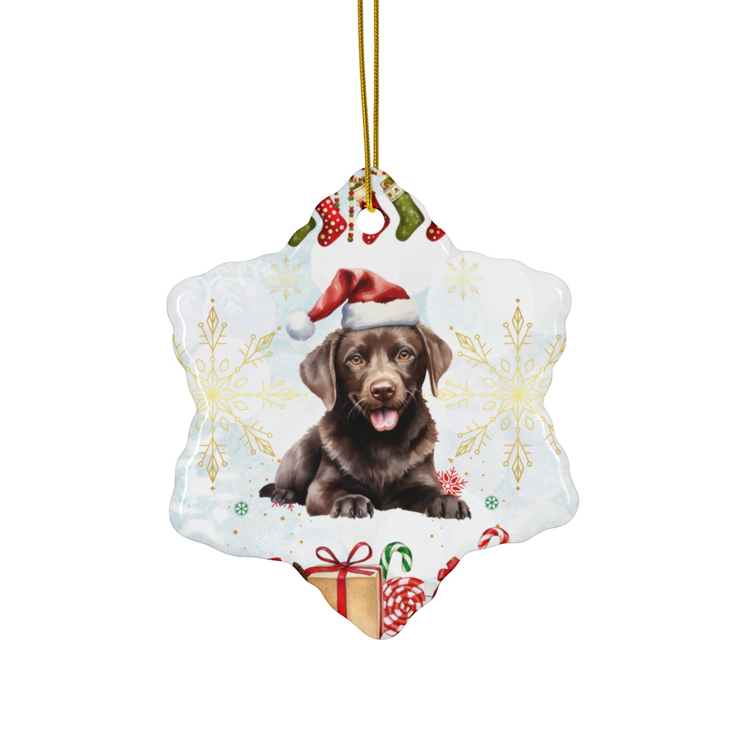 Dog with Christmas Hat - Ceramic Ornament, 4 Shapes