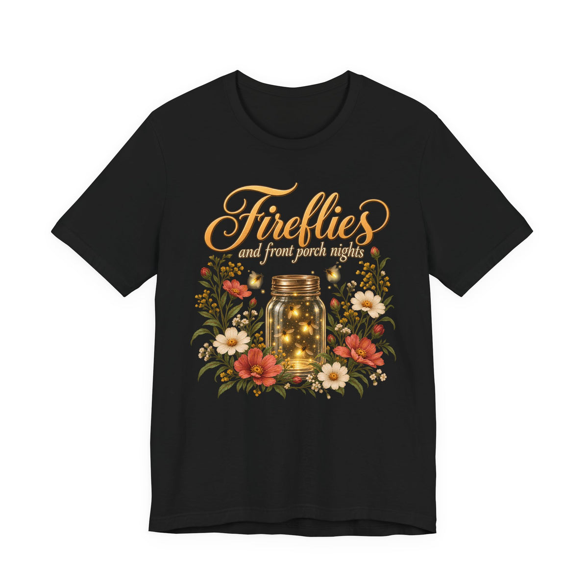 Fireflies and Front Porch Nights T-Shirt, Vintage Floral Mason Jar Tee - 14567