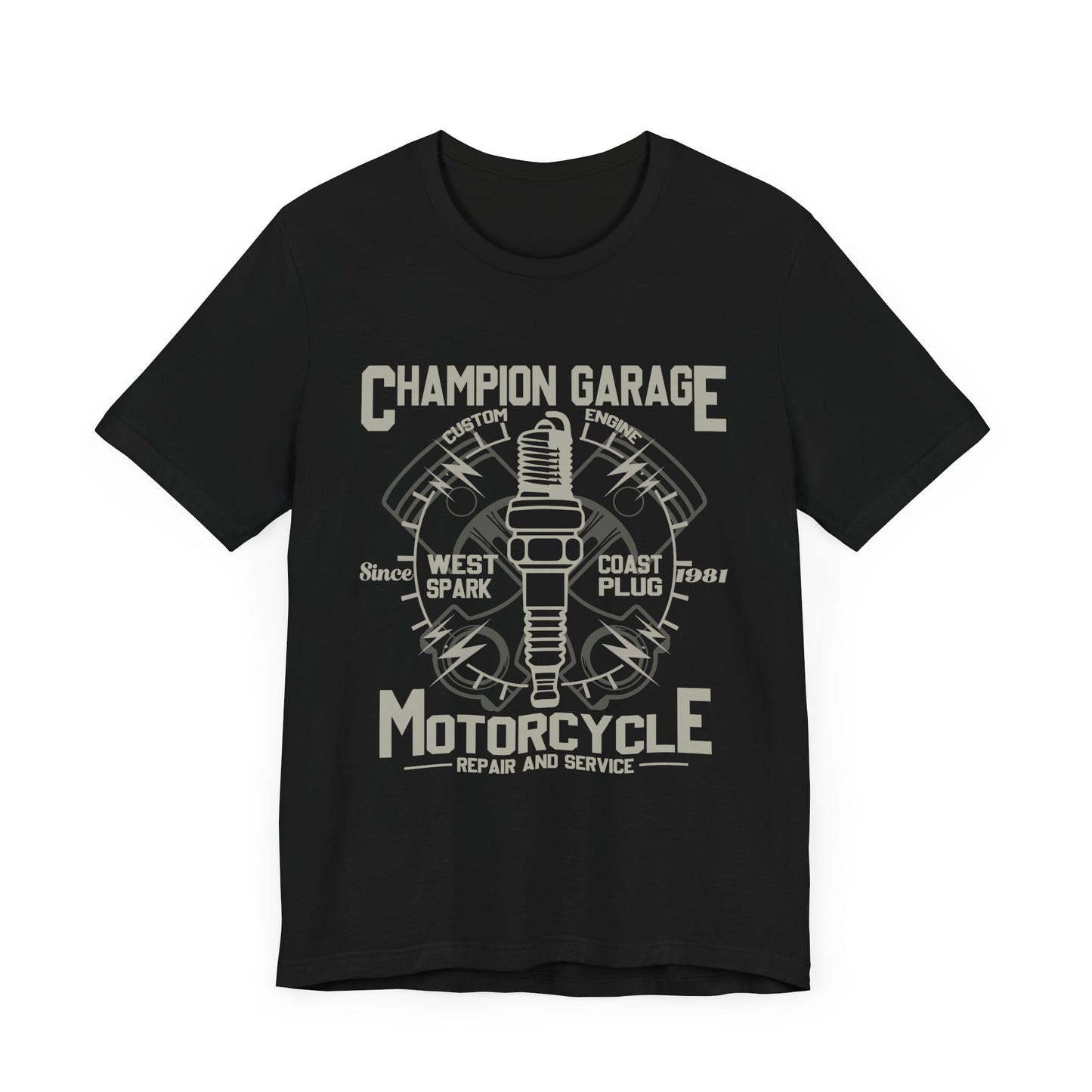 Champion Garage, Motorcycle Repair & Service - Unisex Jersey Short Sleeve Tee - 13371