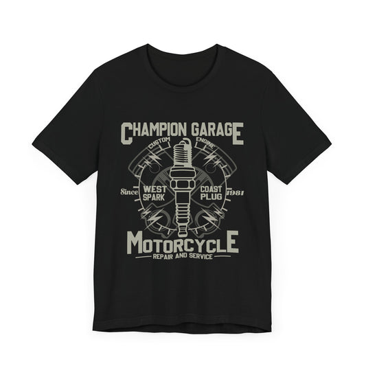 Champion Garage, Motorcycle Repair & Service - Unisex Jersey Short Sleeve Tee - 13371