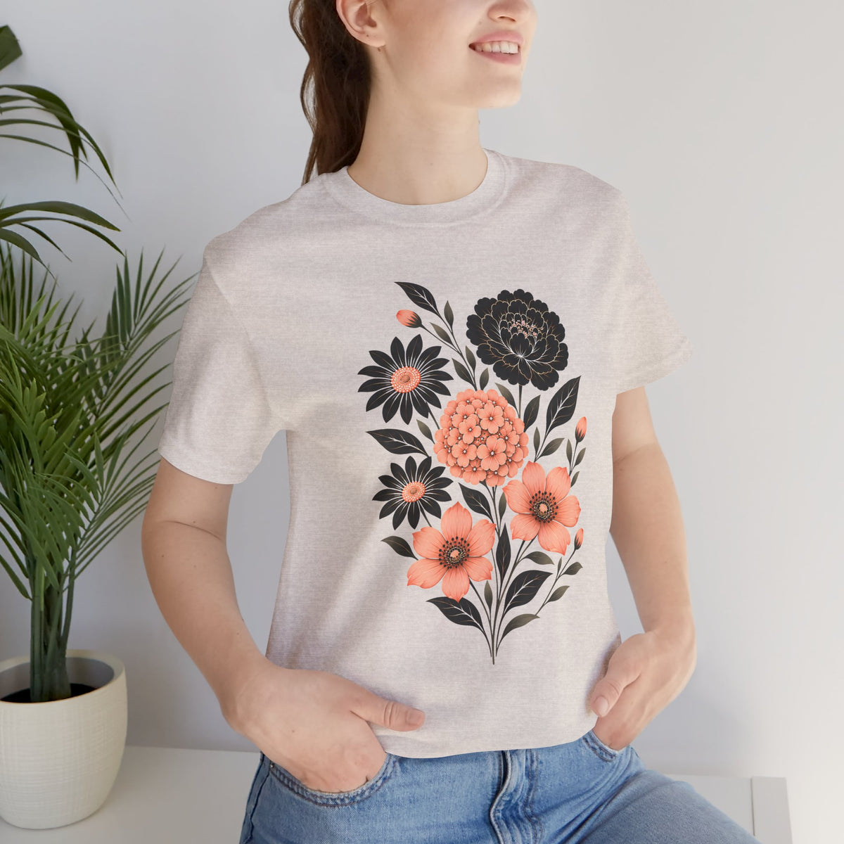 Floral Bouquet T-Shirt, Peach & Black Garden Flower Tee - 14502