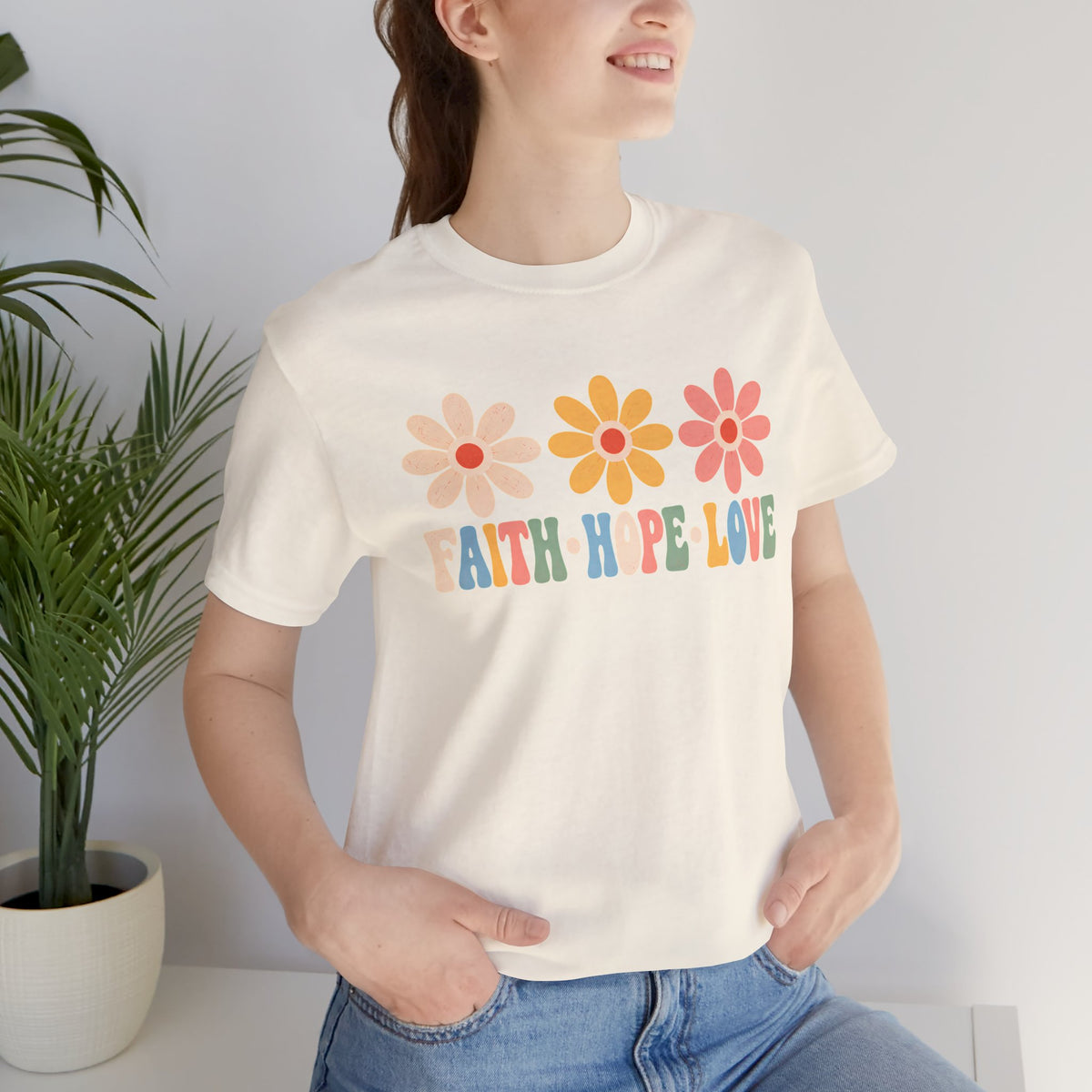 Faith Hope Love Floral T-Shirt,  Retro Flower Graphic Tee - 14979