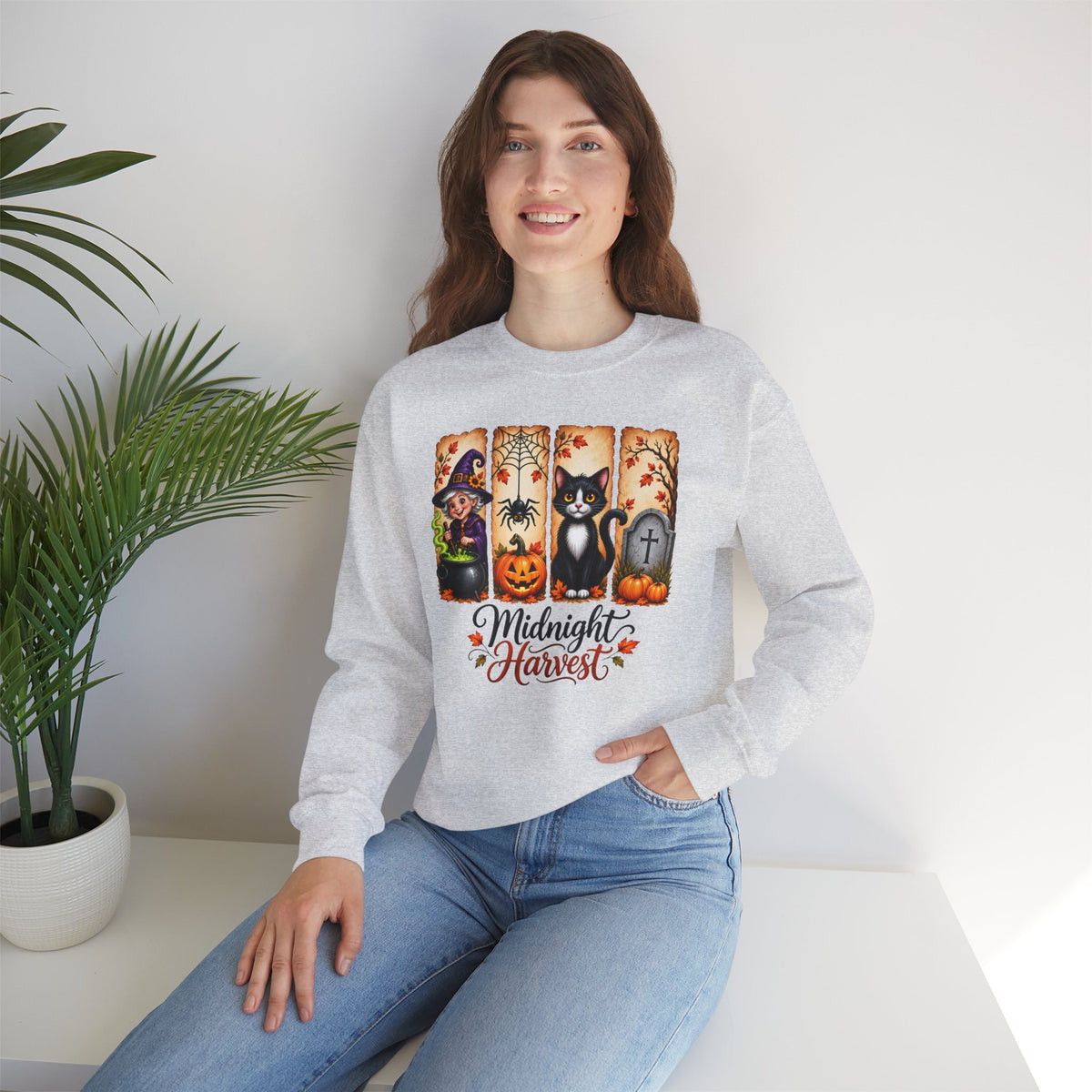 Midnight Harvest Halloween Sweatshirt, Witch, Black Cat, Pumpkins & Spooky Fall Crewneck - 14514