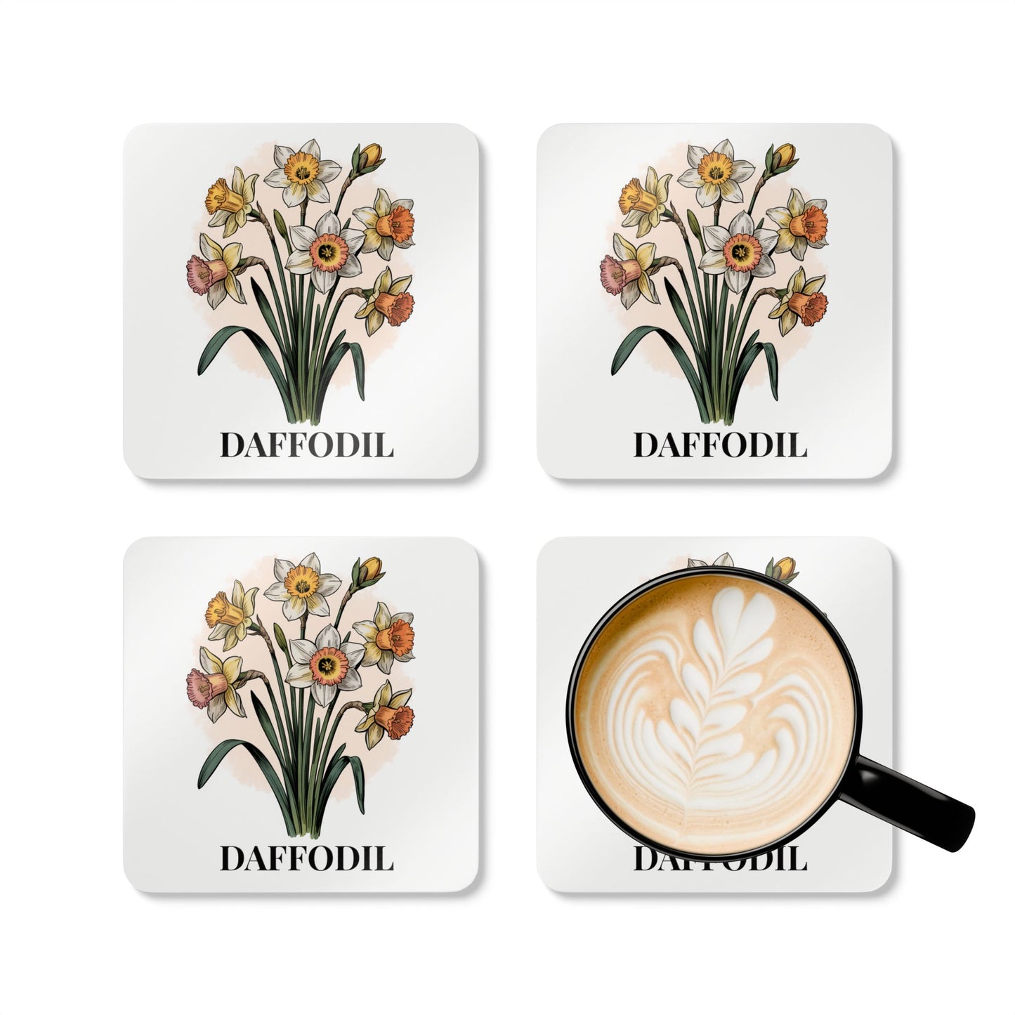 March Birth Flower Daffodil Coaster Set – Personalized Name Cork Gift for March Birthday - 14815