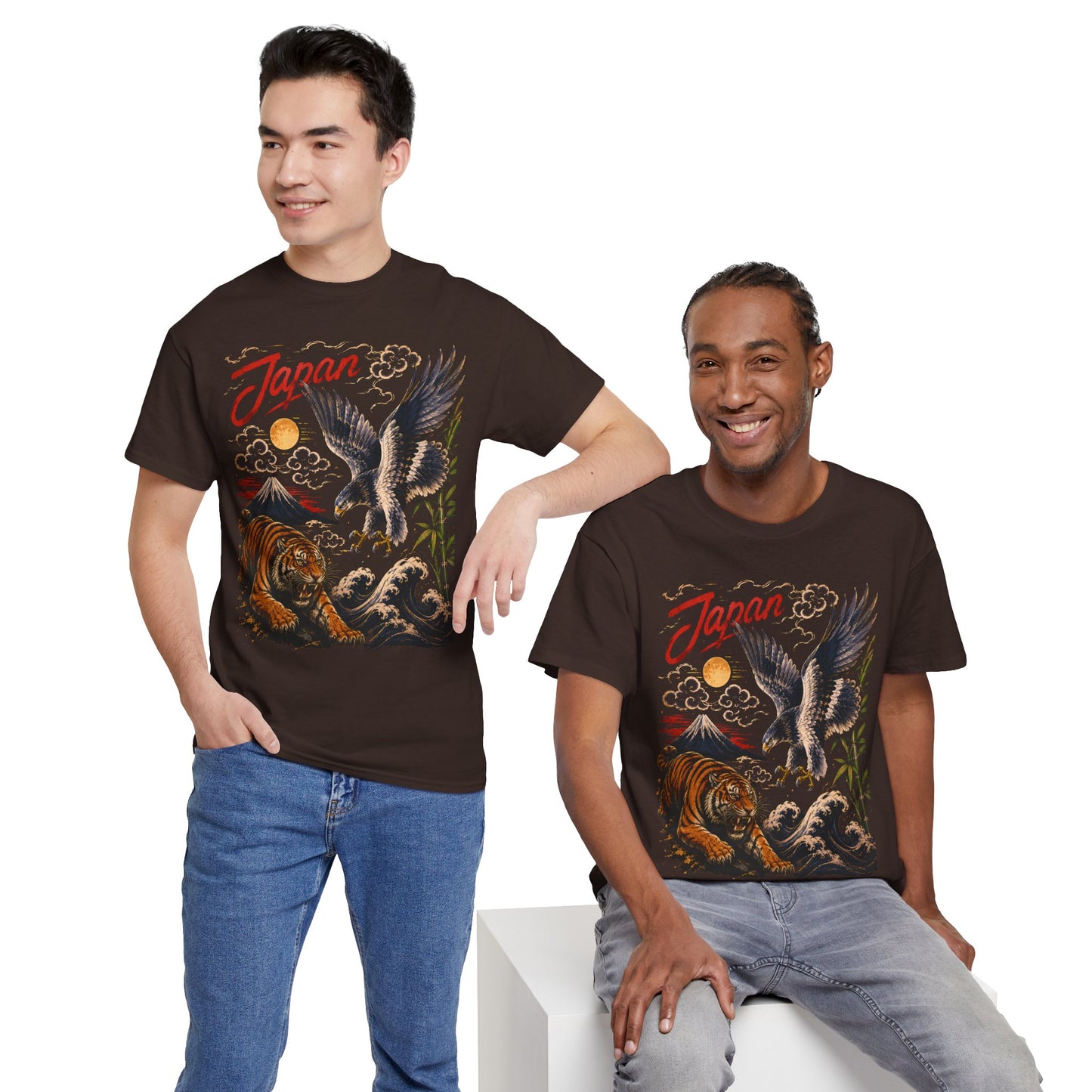 Japan Tiger & Eagle Graphic T-Shirt – Vintage Japanese Tattoo Style Tee - 14910