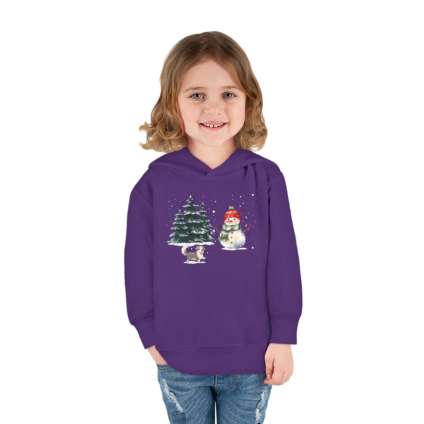 Winter Trees, Snowman & Puppy - Toddler Pullover Fleece Hoodie - 10270