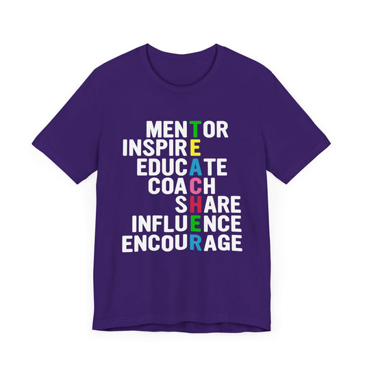 Teacher: Mentor Inspire, Educate, Coach, Share, Influence, Encourage - Unisex Jersey Short Sleeve Tee - 13477