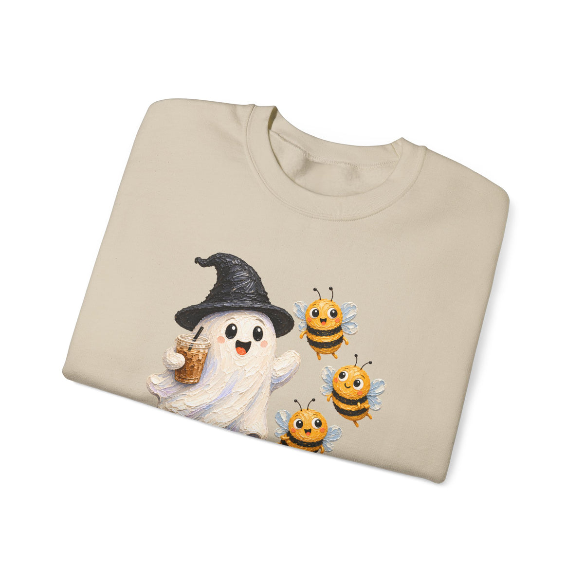 Cute Halloween Ghost & Bees Sweatshirt, Whimsical Witch Hat Crewneck - 14538