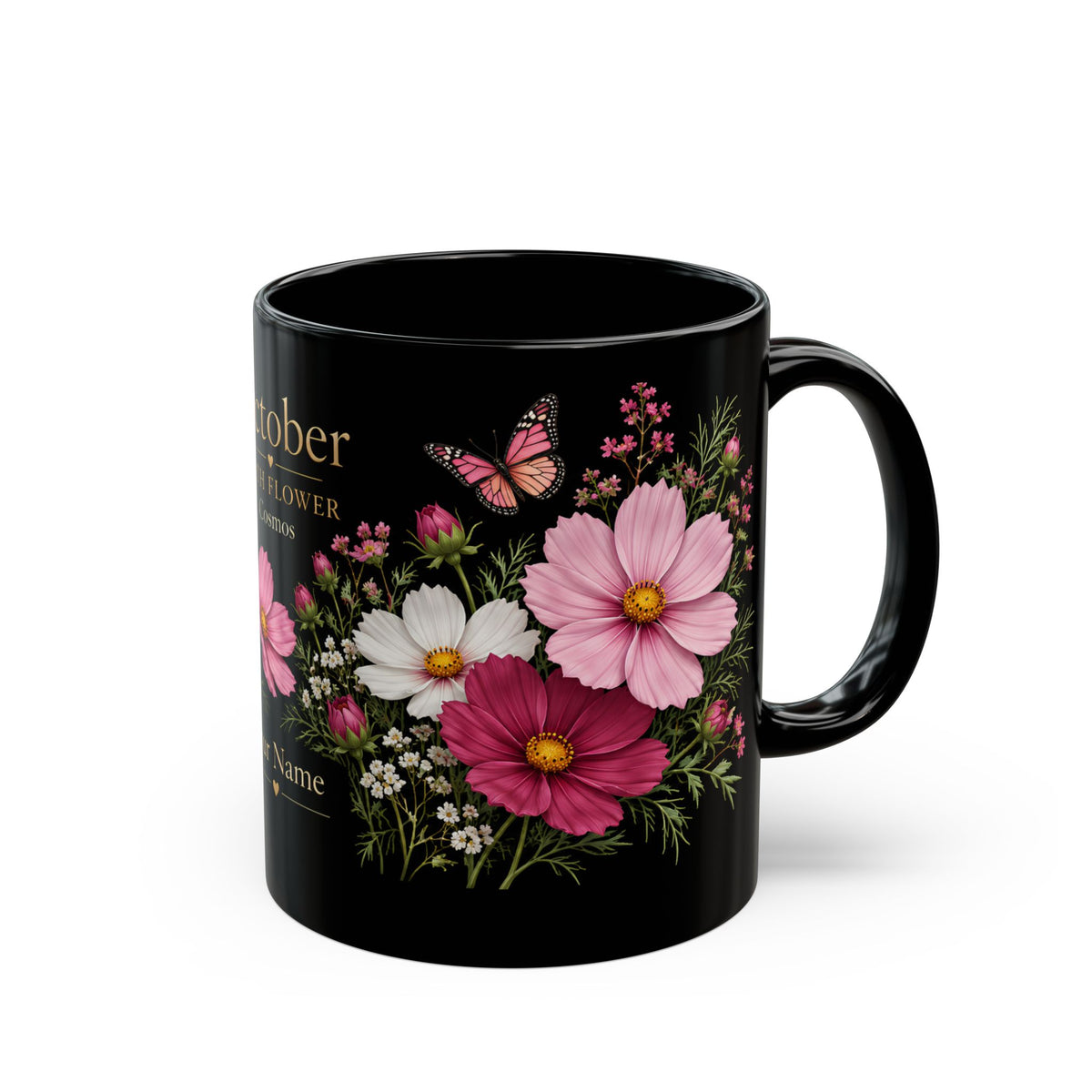 October Birth Flower Mug, Personalized Cosmos Black Coffee Cup - 14980