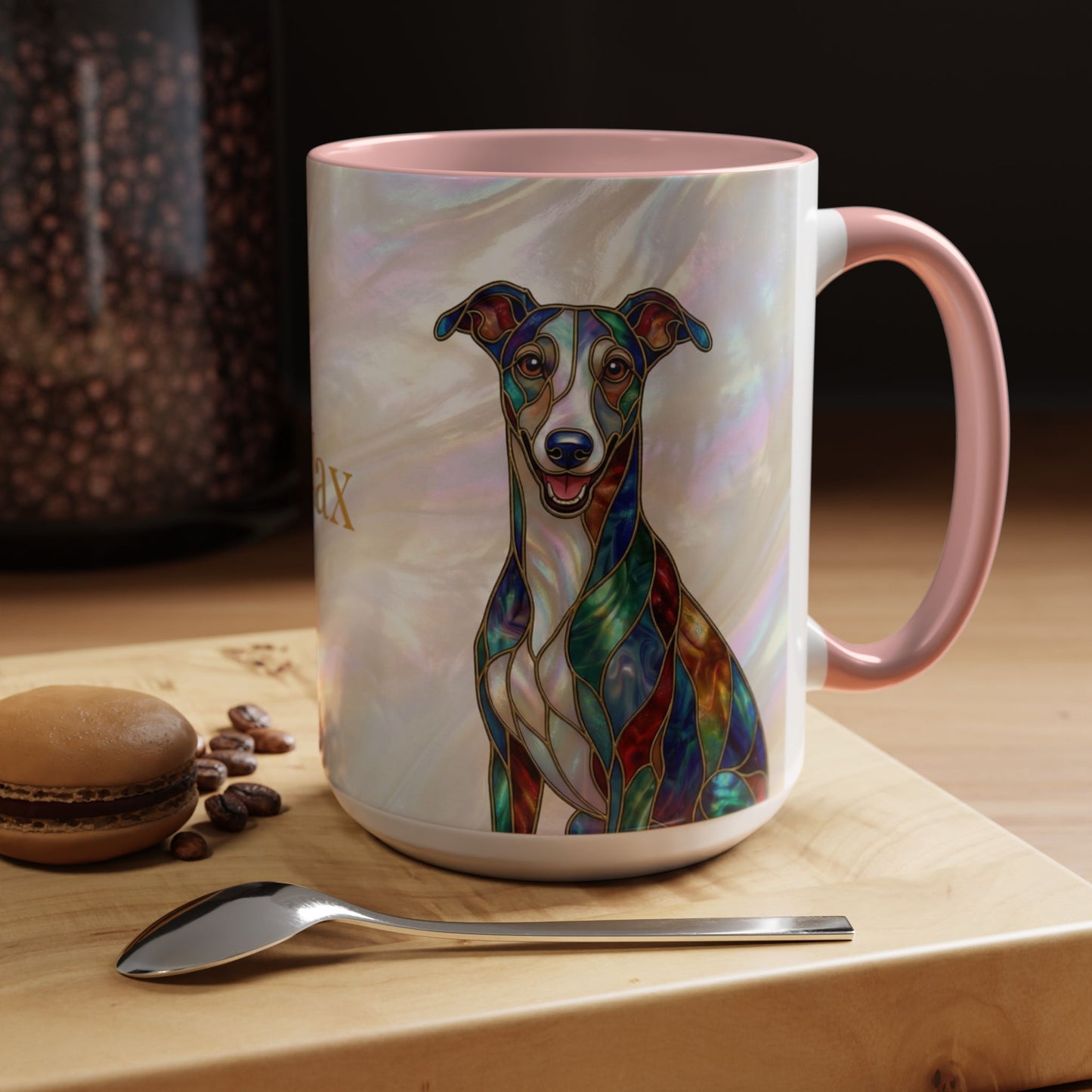 Personalized Greyhound Coffee Mug – Stained Glass Dog Accent Mug (Name Customizable)  - 14523