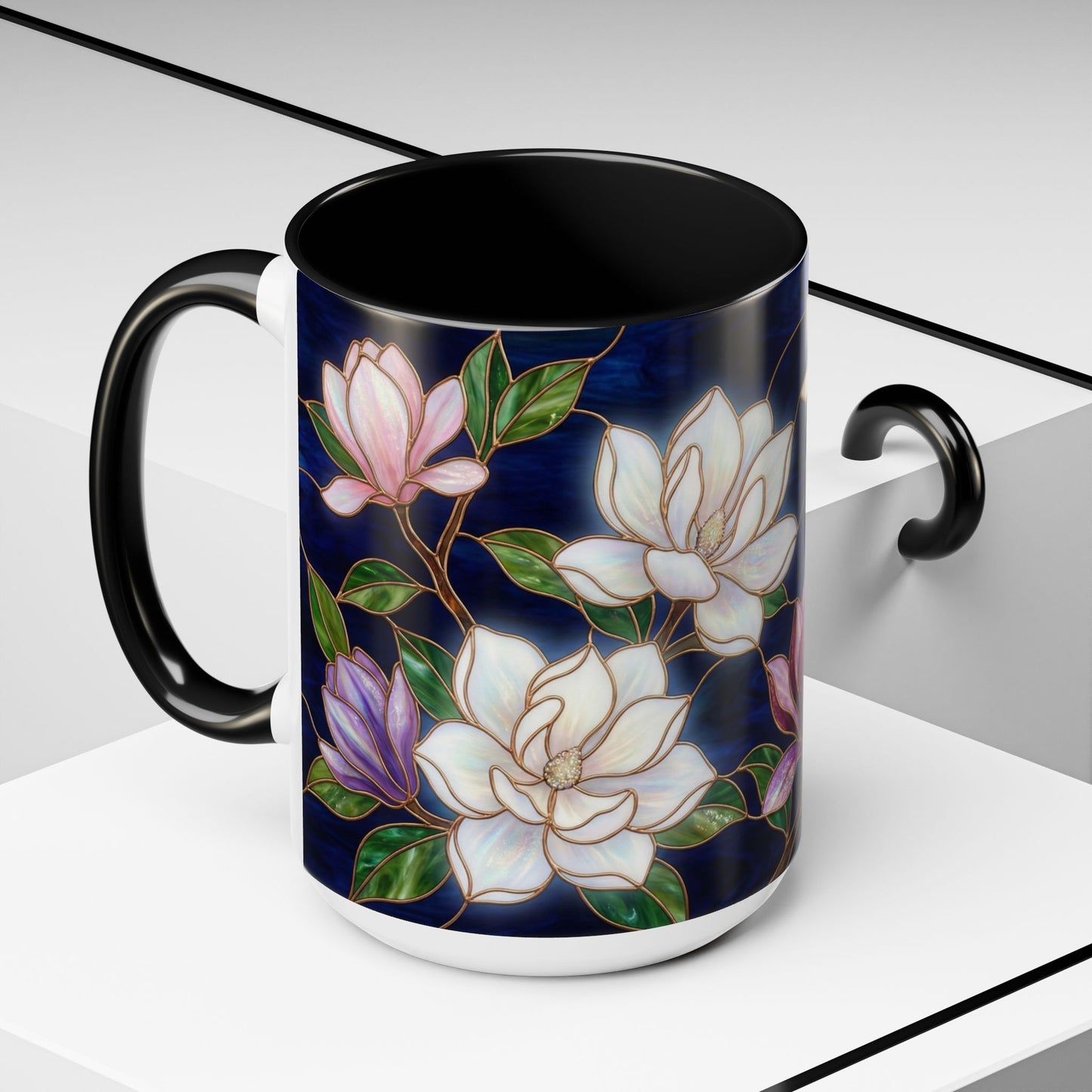 Magnolia Floral Accent Coffee Mug — Stained Glass Design (11/15 oz) - 14577