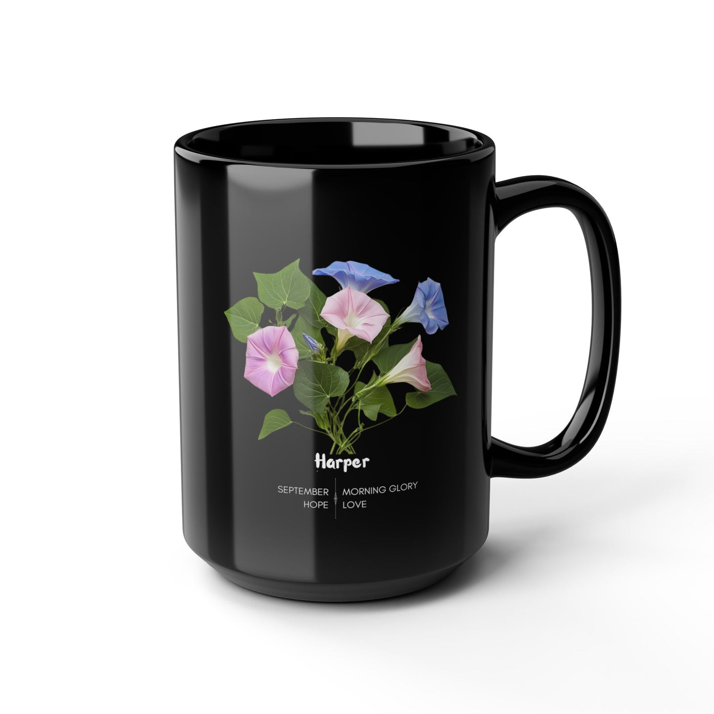 The Happy Birthday: September Born, Morning Glory Flower, Customizable - Black Mug (11oz, 15oz)