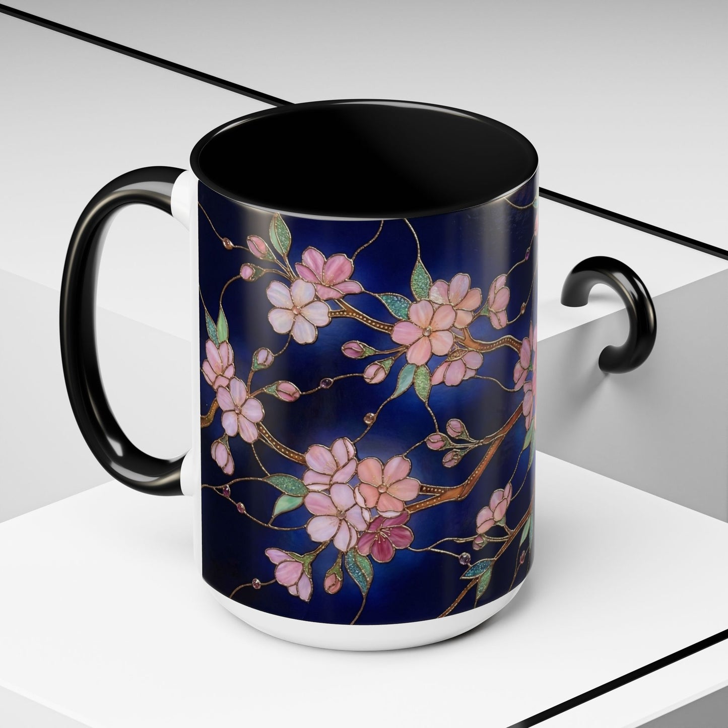 Cherry Blossom Accent Coffee Mug — Stained Glass Design 11/15oz - 14560