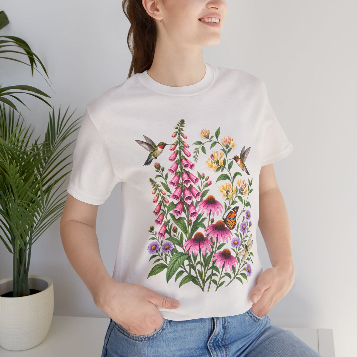 Floral Hummingbird Garden T-Shirt, Wildflower & Butterfly Botanical Tee - 14547