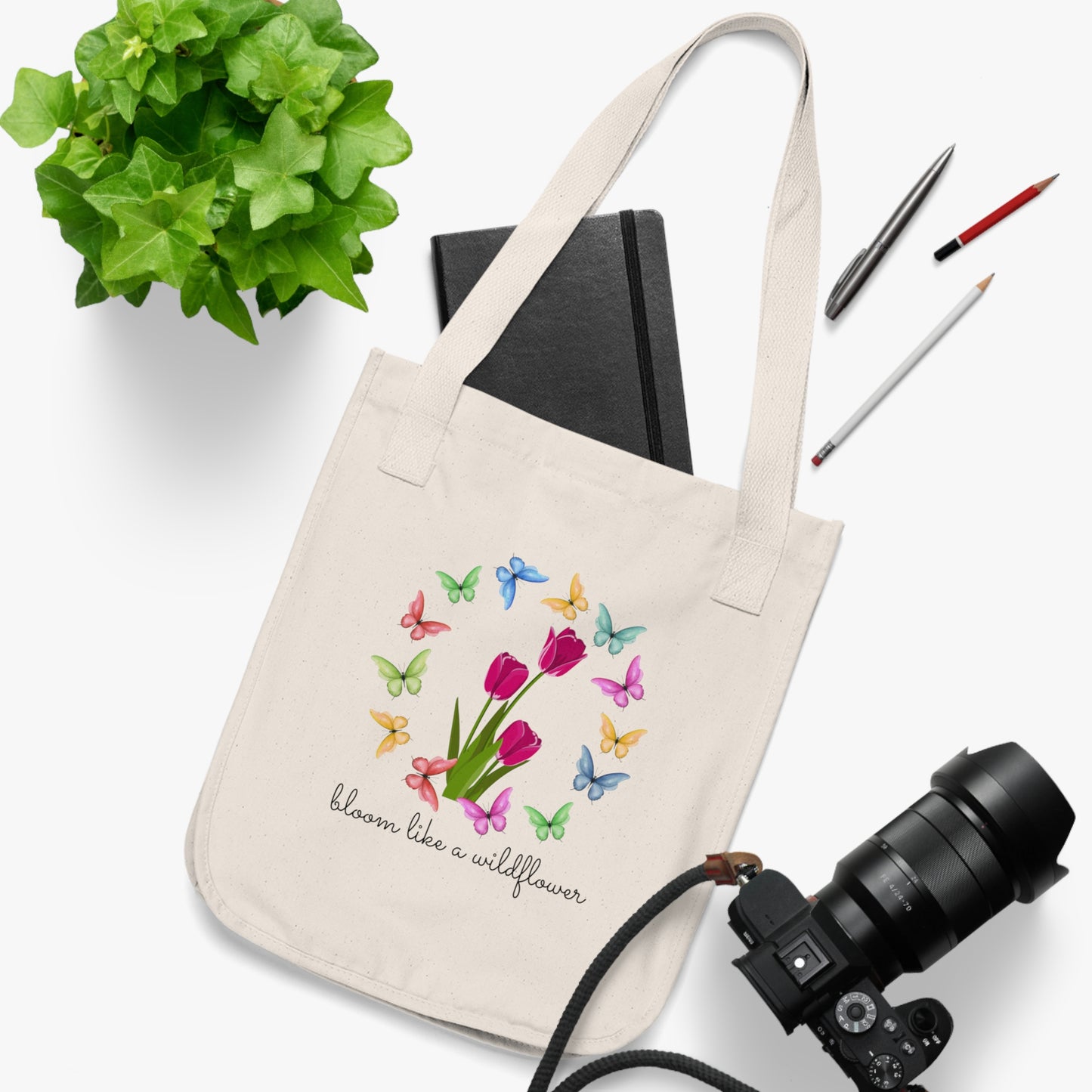 Butterfly & Flowers - Organic Canvas Tote Bag - 10161