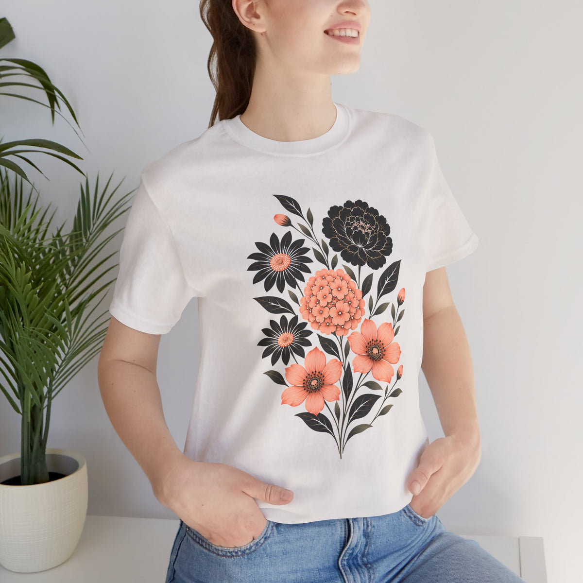 Floral Bouquet T-Shirt, Peach & Black Garden Flower Tee - 14502