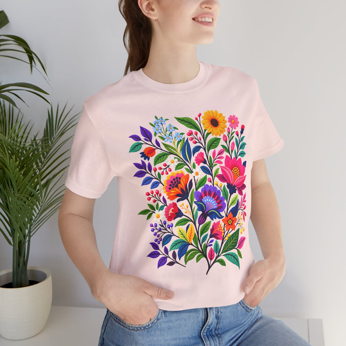 Bright Folk Art Floral T-Shirt, Colorful Flower Bouquet Tee - 14513