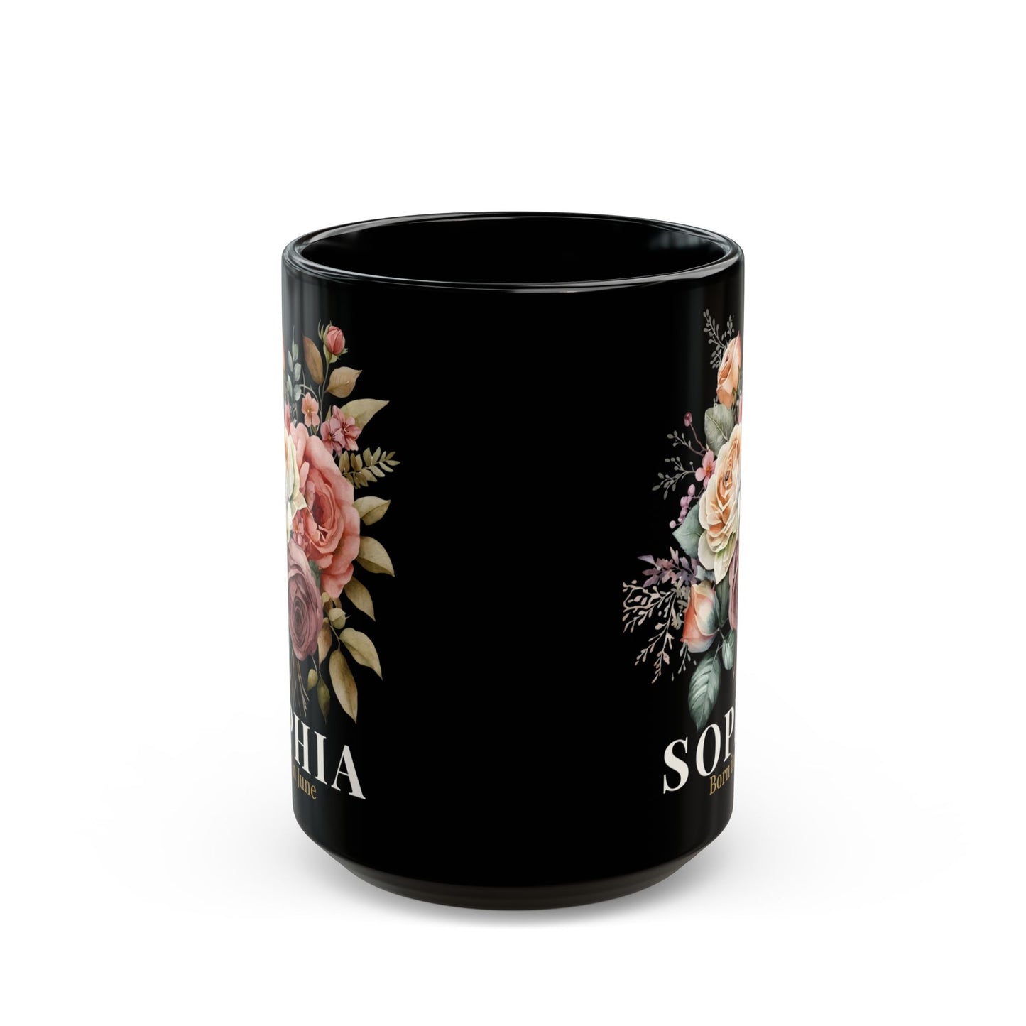 Custom Born in June Mug – Personalized June Birthday Floral Rose Coffee Cup, Black Ceramic Mug 11oz 15oz - 14894