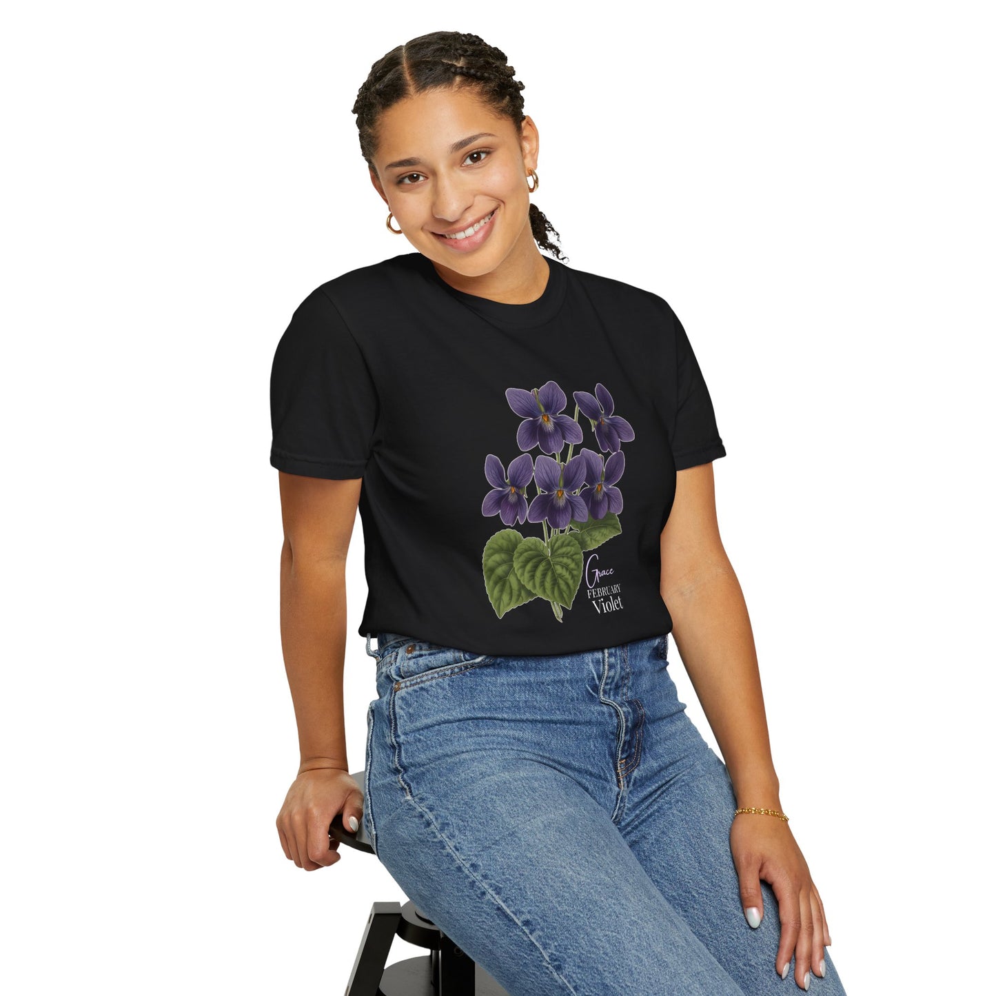 February Birth Flower Violet T-Shirt – Heavyweight Garment-Dyed Tee - 14694