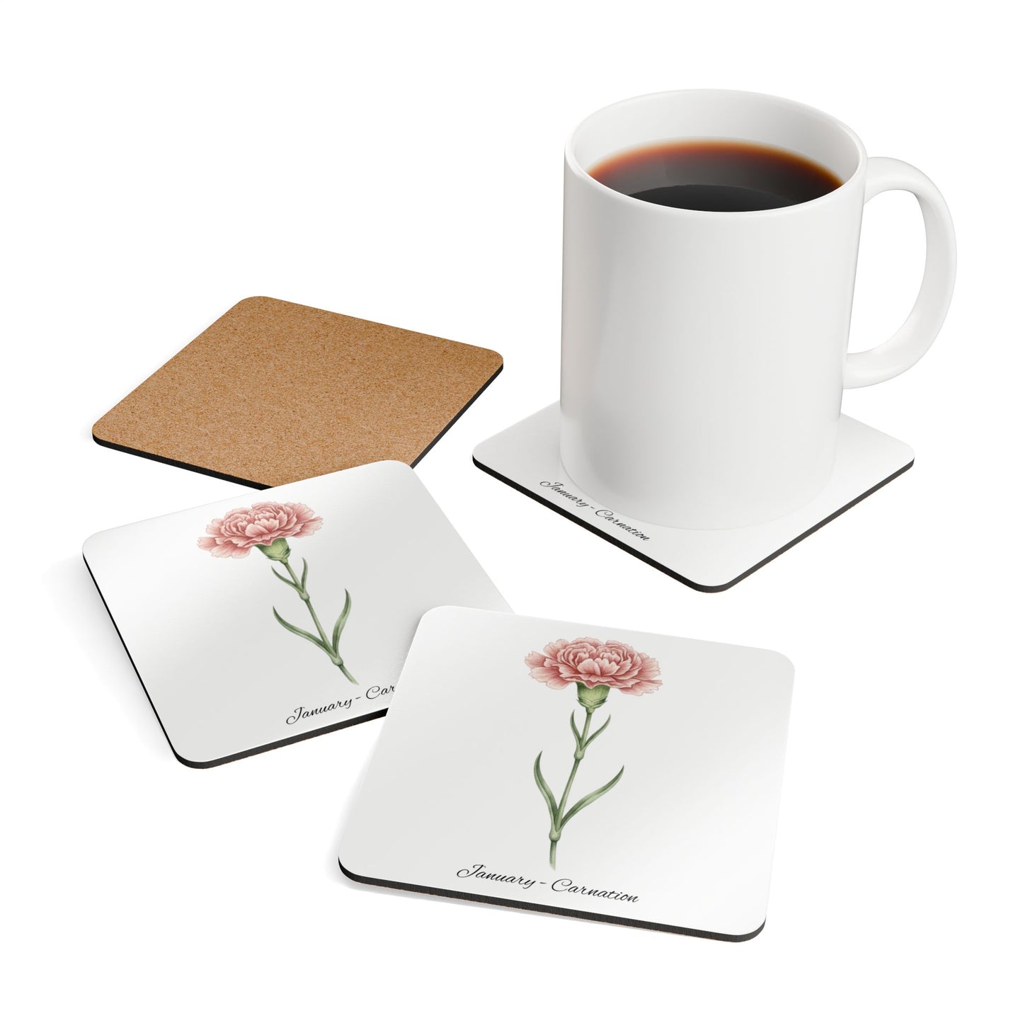 January Birth Flower Carnation Cork Coaster Set – Personalized Name Gift - 14693