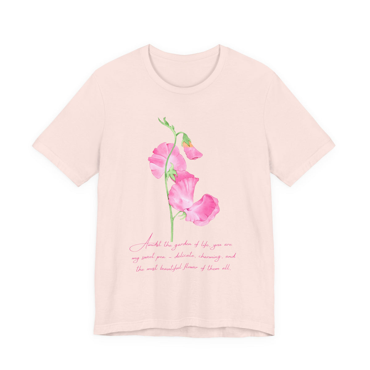 Sweet Pea Floral T-Shirt, Pink Watercolor Flower Graphic Tee - 14962