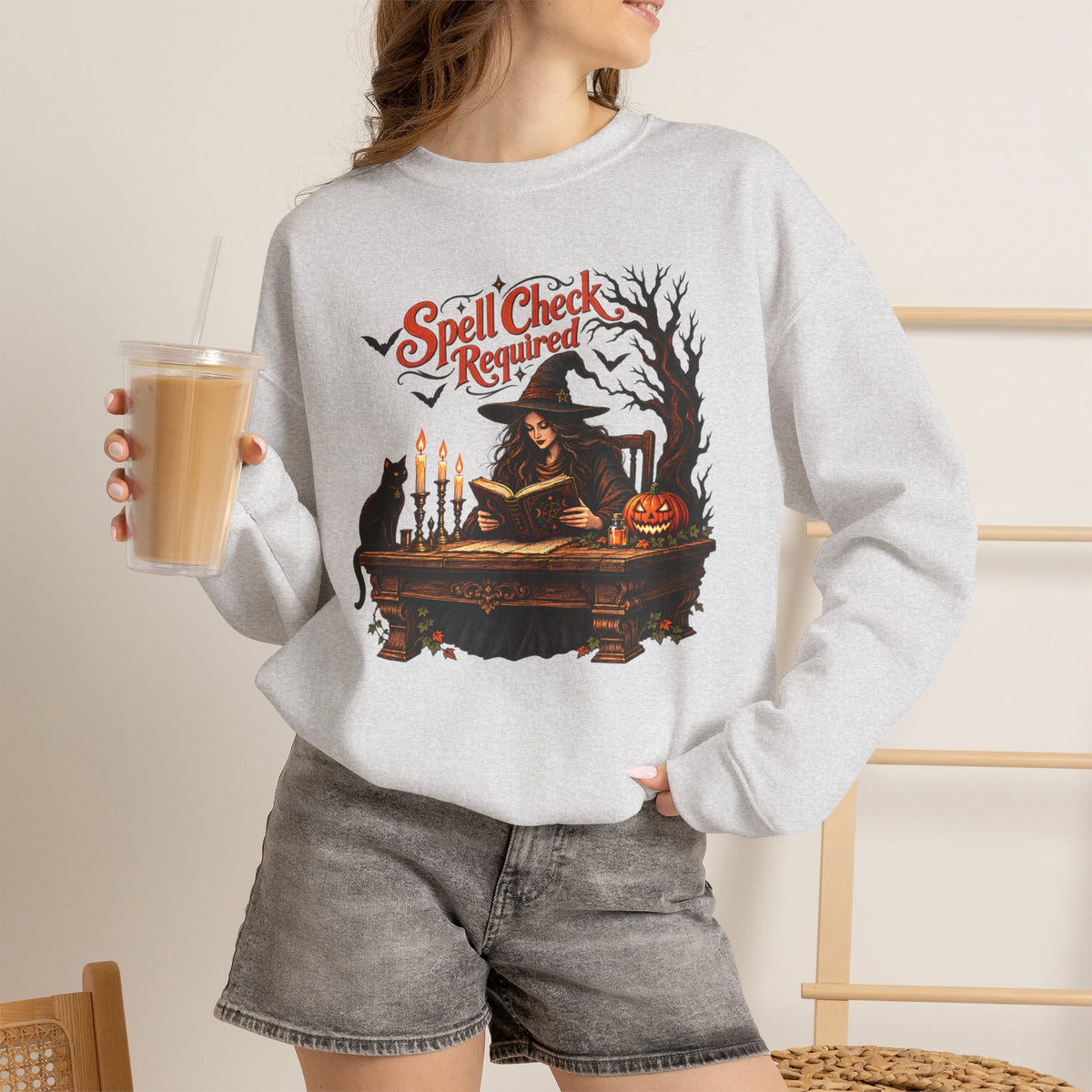 Spell Check Required Sweatshirt, Vintage Witch Halloween Crewneck - 14543