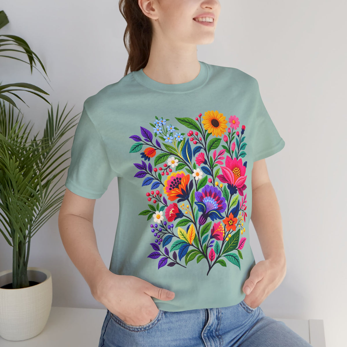 Bright Folk Art Floral T-Shirt, Colorful Flower Bouquet Tee - 14513