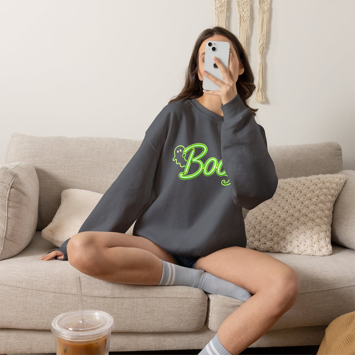 Neon Boo Halloween Sweatshirt, Cute Ghost Crewneck - 14517