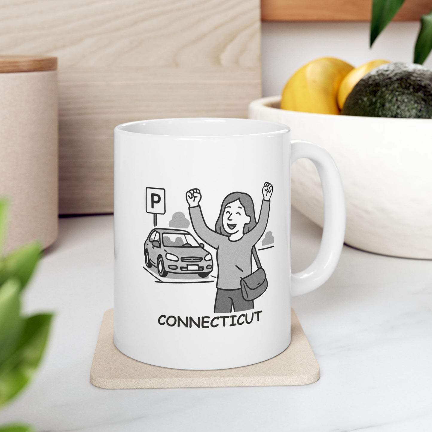 "In Connecticut, the best part of the day is when you finally find parking." Ceramic Mug - 13828