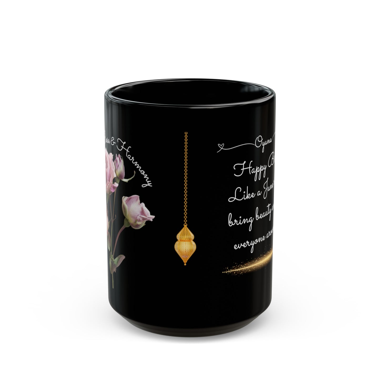 Happy Birthday, June, Rose, Customized Ceramic Black Mug (11oz, 15oz)