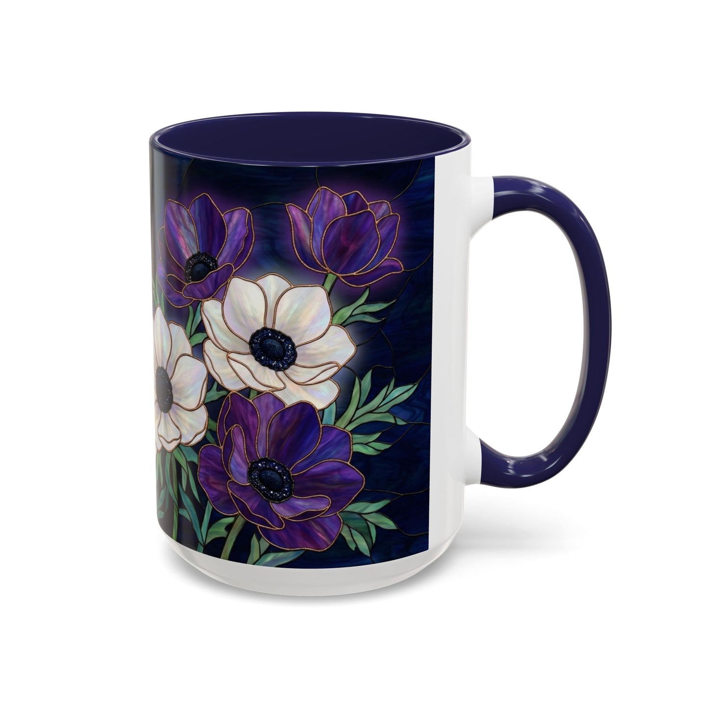 Floral Anemone Accent Coffee Mug — Stained Glass Design 11/15oz - 14552
