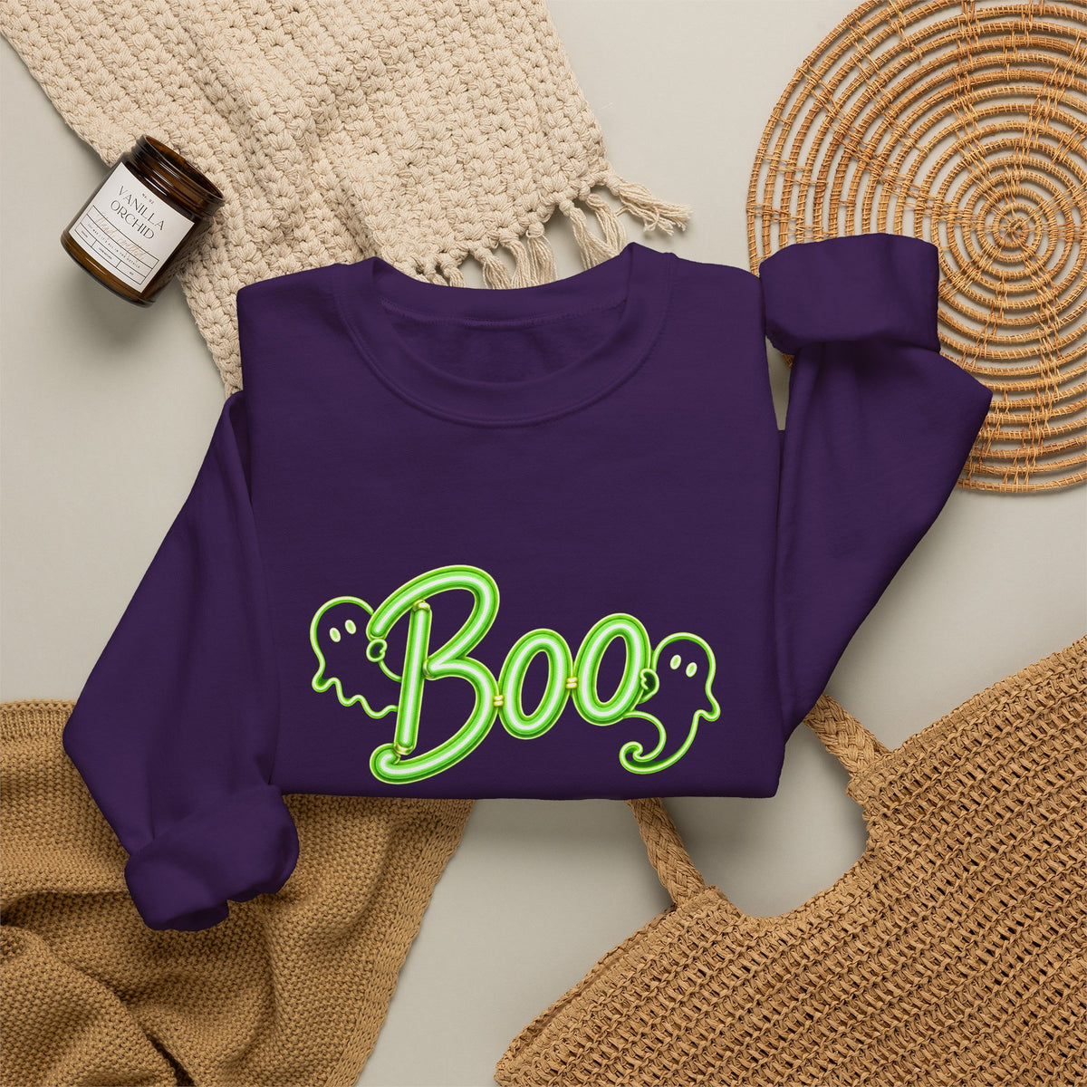 Neon Boo Halloween Sweatshirt, Cute Ghost Crewneck - 14517