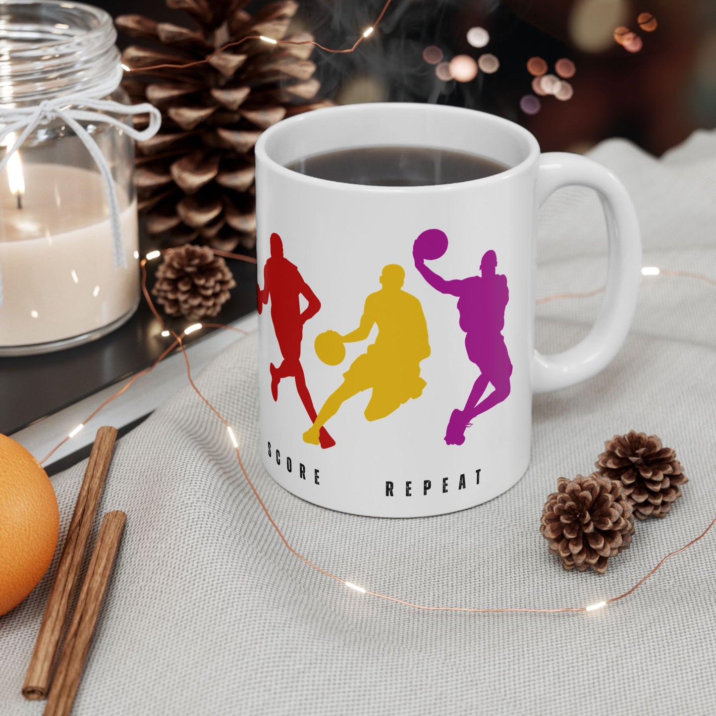 Dribble, Shoot, Score & Repeat, Basketball - Ceramic Mug, (11oz, 15oz) - 10301