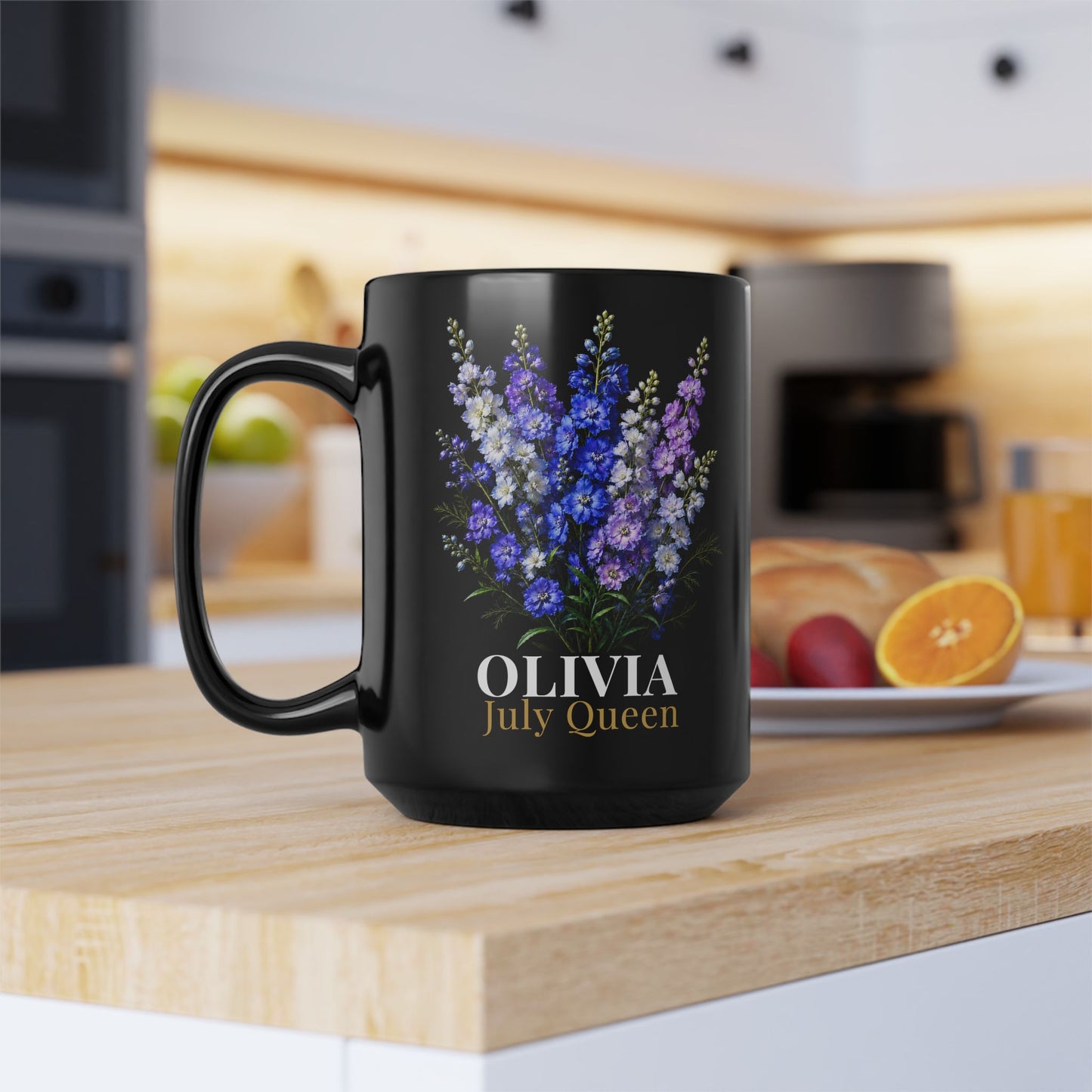 Personalized July Birth Flower Mug – Custom Name Larkspur Floral Coffee Cup, July Queen Gift for Her, Black Mug 11oz 15oz - 14907