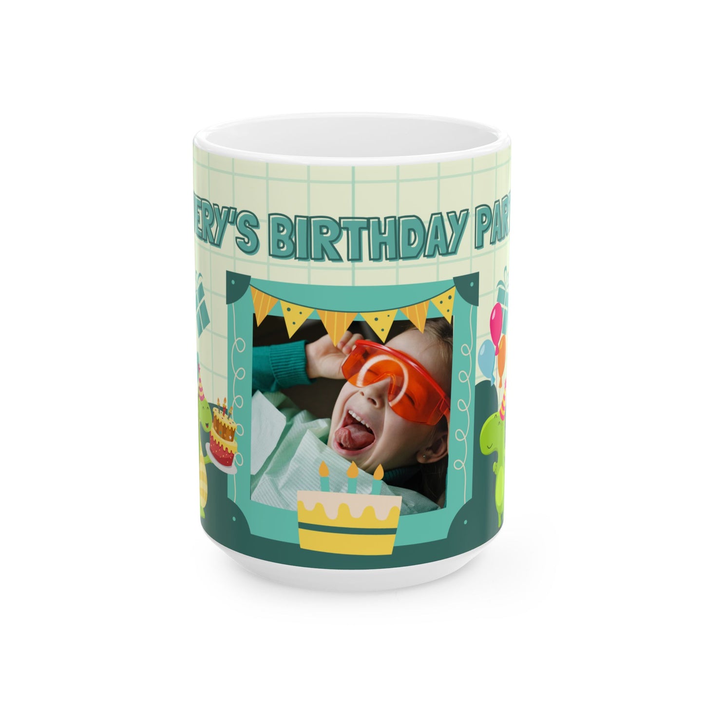 Birthday Party Dino Mug, Fun Kids Mug, Celebration Drinkware, Dinosaur Gift, Party-Themed Ceramic - 14000