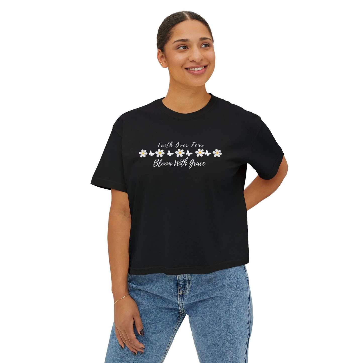 Faith Over Fear Floral Boxy Tee, “Bloom With Grace” Christian Crop Shirt - 14950
