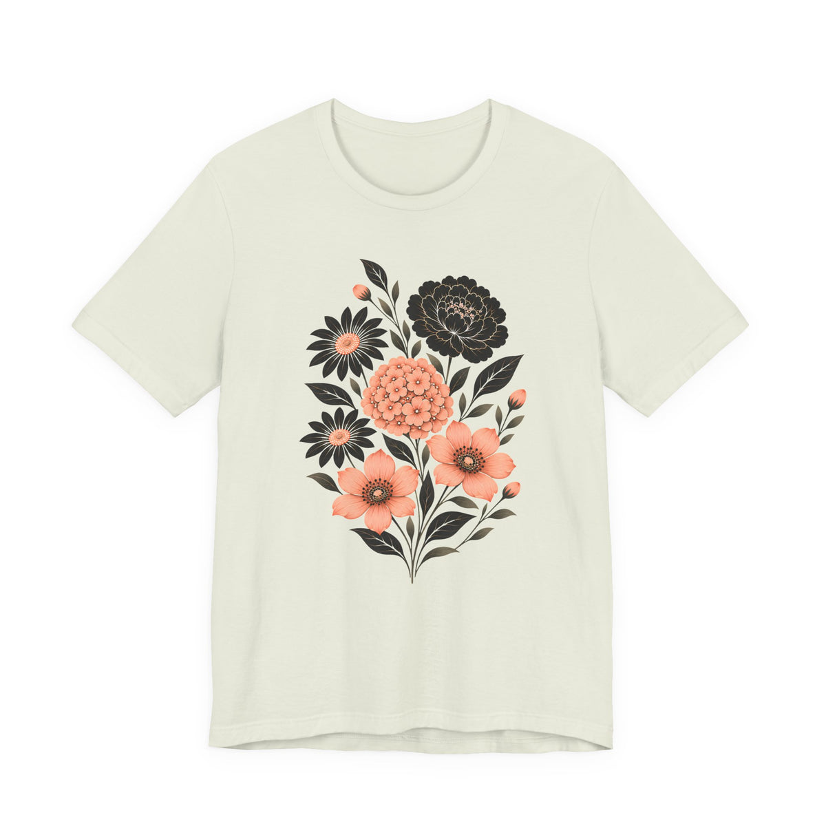 Floral Bouquet T-Shirt, Peach & Black Garden Flower Tee - 14502
