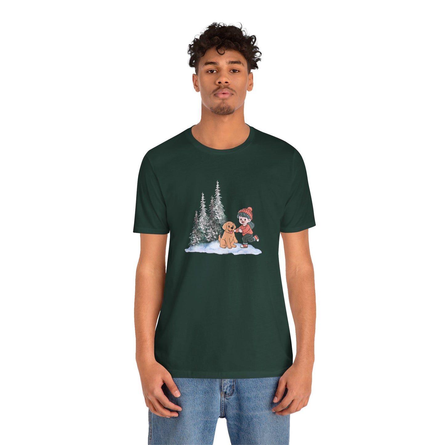 Winter Trees, Girl & Puppy - Unisex Jersey Short Sleeve Tee - 10279