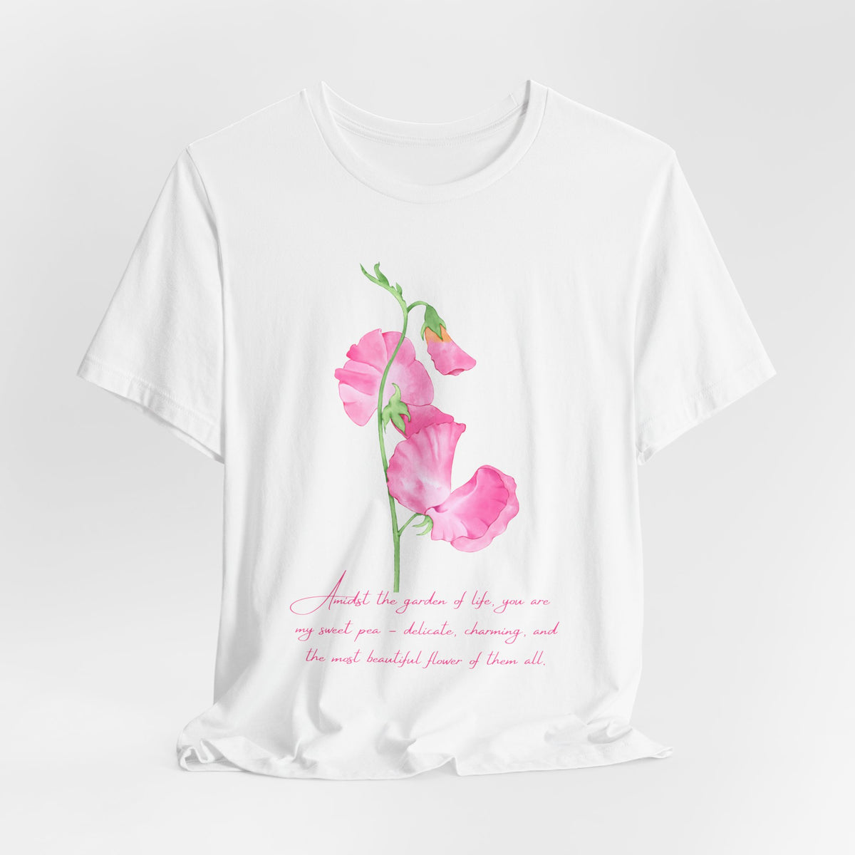 Sweet Pea Floral T-Shirt, Pink Watercolor Flower Graphic Tee - 14962