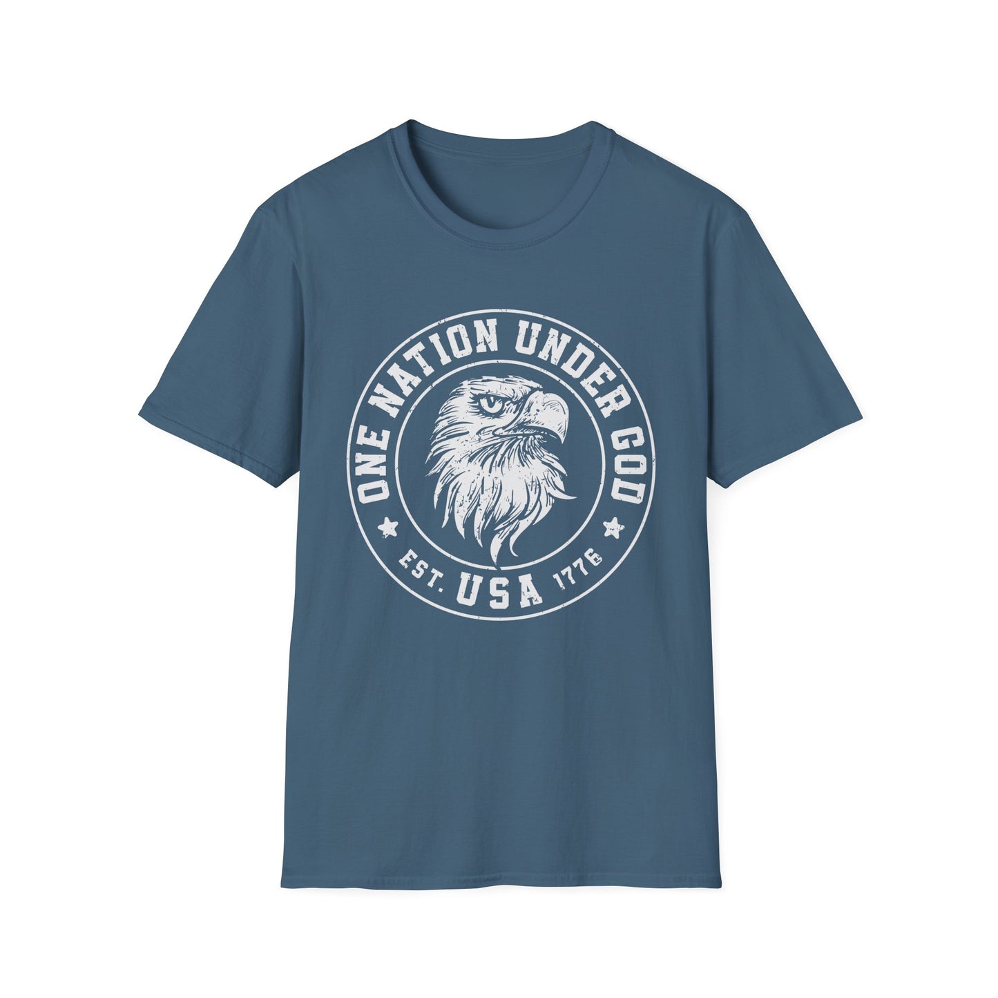 Patriotic Graphic T-Shirt - One Nation Under God, USA Eagle Tee, Unisex Softstyle Top for Independence Day, Veteran Gifts - 13698