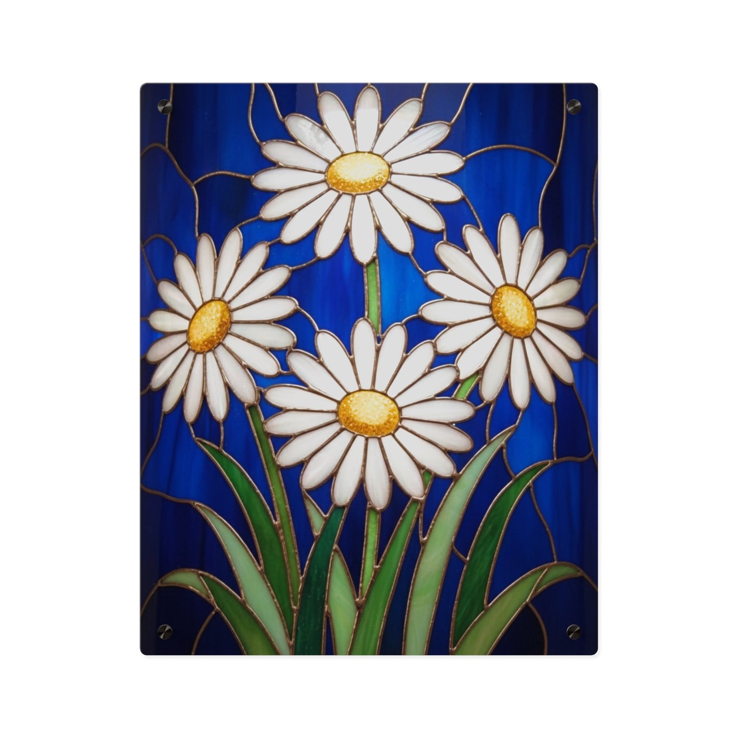 Daisy Stained-Glass Acrylic Wall Art Panel — White Daisies on Deep Blue Background - 14602