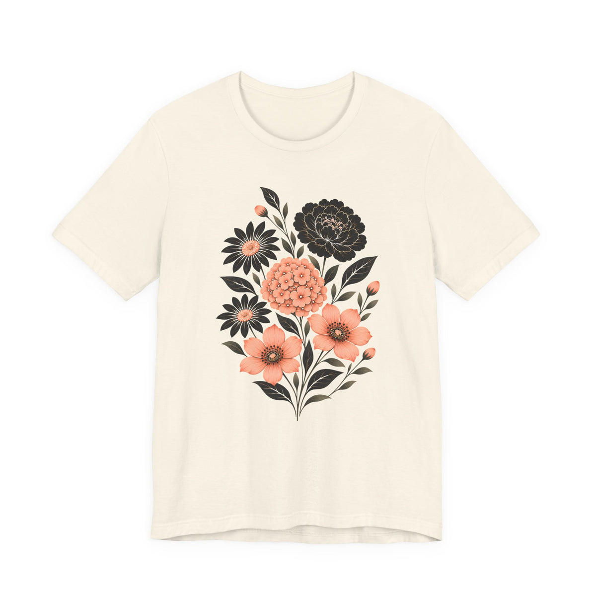 Floral Bouquet T-Shirt, Peach & Black Garden Flower Tee - 14502