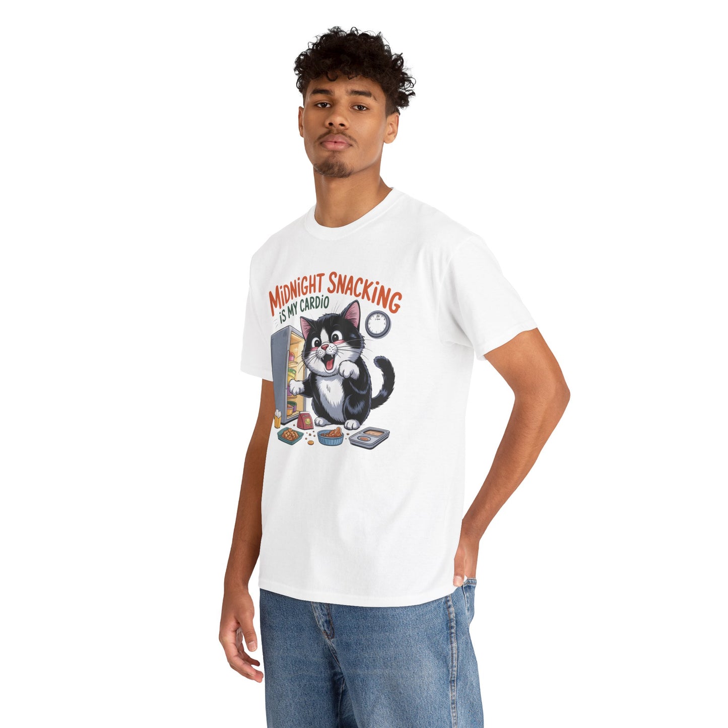 Midnight Snacking Is My Cardio T-Shirt — Funny Cat Graphic Tee, Cute Food Lover Gift - 14865