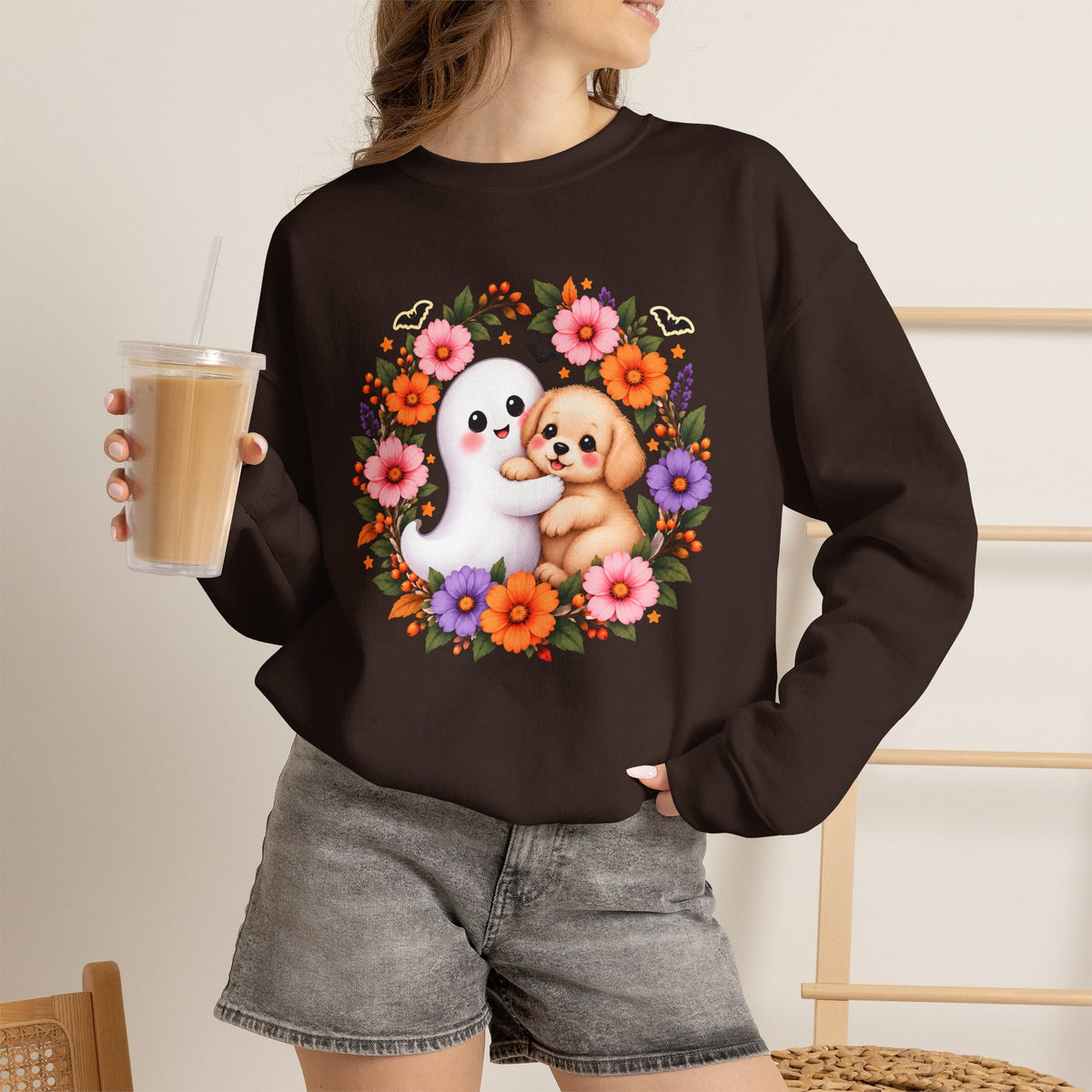 Cute Ghost & Puppy Halloween Sweatshirt,  Floral Crewneck - 14515