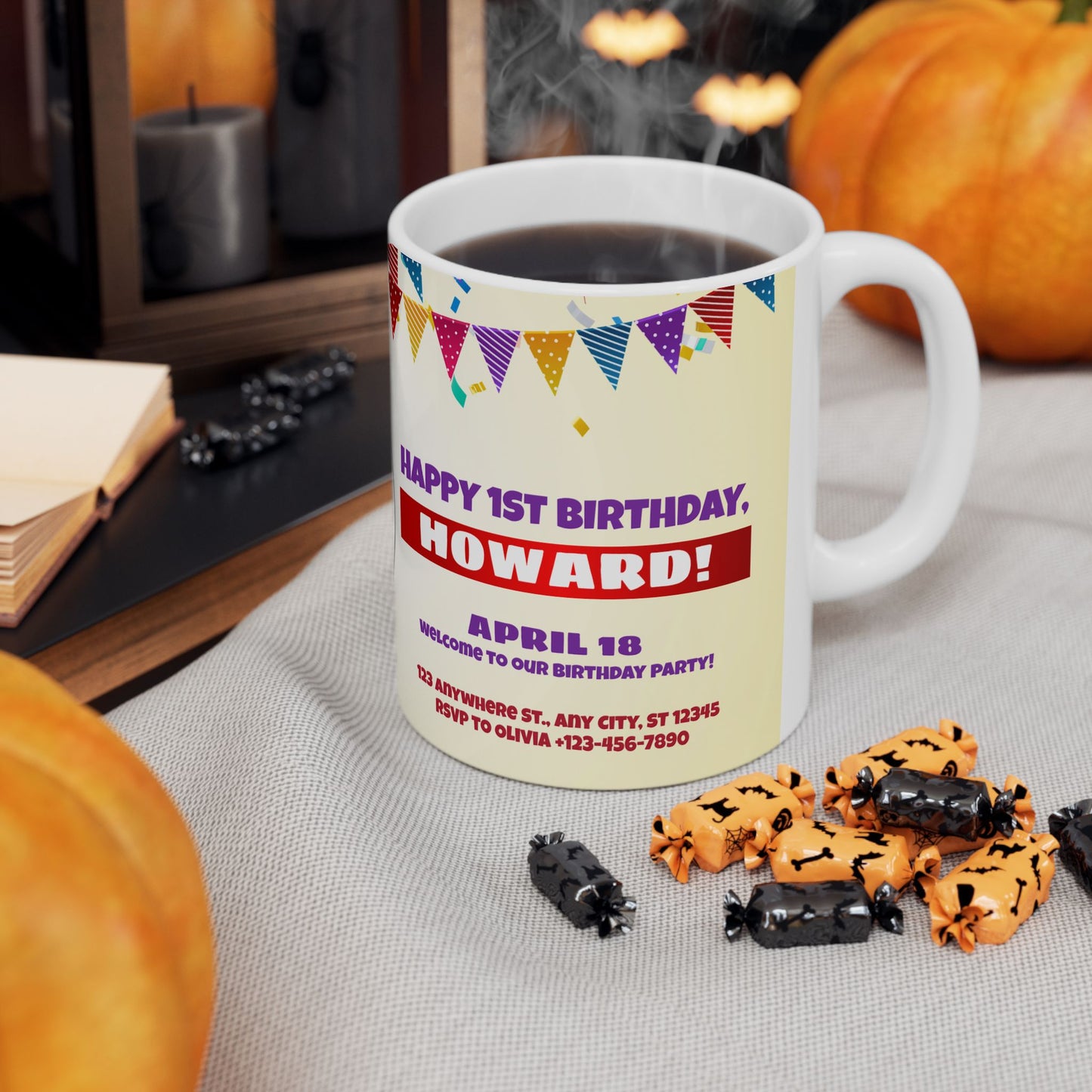 Personalized Birthday Ceramic Mug - Custom 1st Birthday Celebration Cup, Party Favor, Kid's Birthday Gift, Colorful Balloons, Fun Memories - 13997
