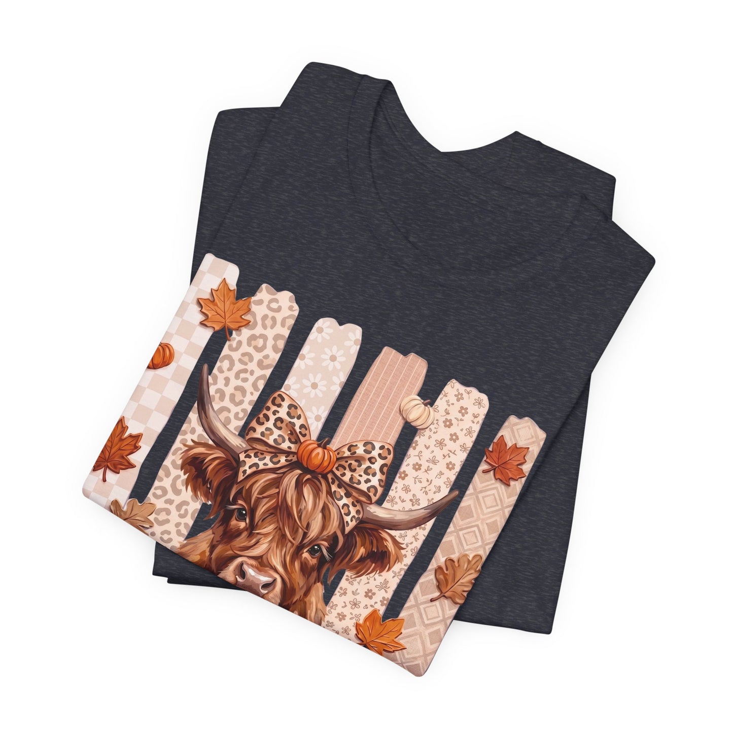 Highland Cow Autumn T-Shirt — Pumpkin & Leaves Fall Graphic Tee - 14942