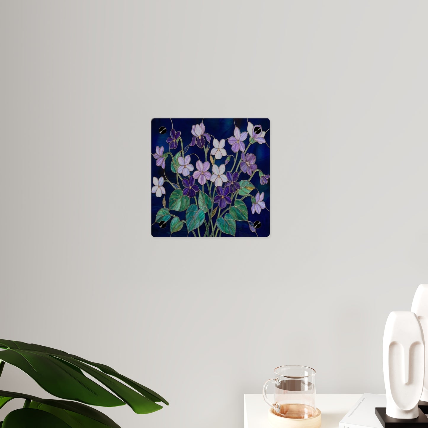 Violet Floral Acrylic Wall Art Panel — Purple Violets on Deep Blue - 14600